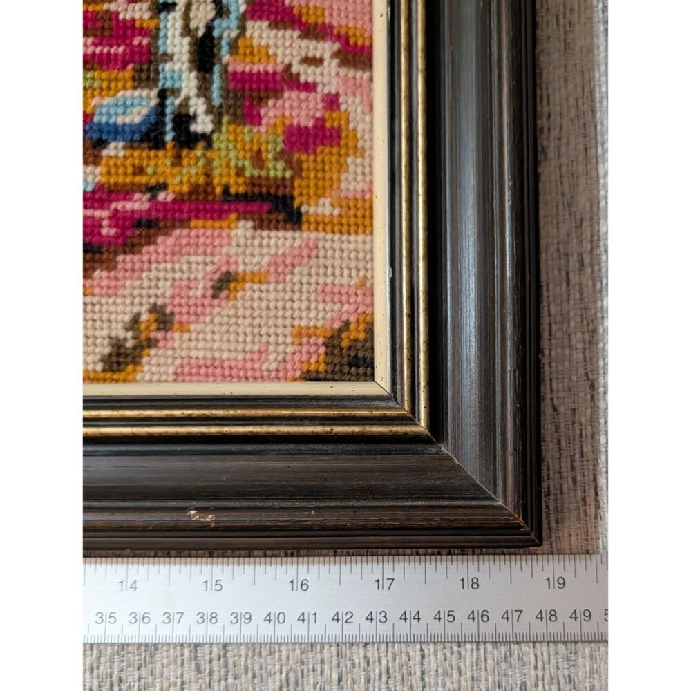 Vintage Needlepoint Tapestry Framed Scenic Landscape Art Piece 14.5x18.5 Inches - Picture 11 of 16